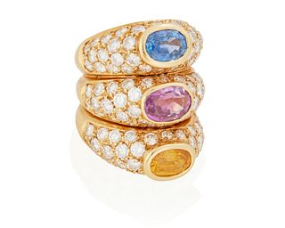 A multicolored sapphire and diamond ring
