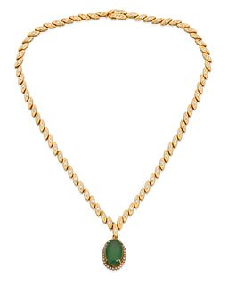 A diamond and green hardstone pendant necklace