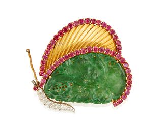 A jadeite, ruby and diamond butterfly brooch
