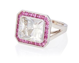 An aquamarine and pink sapphire ring