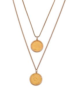 Two gold coin pendant necklaces