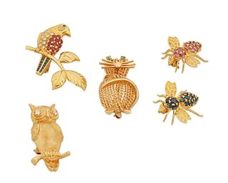 Five animal brooches