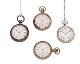 Four silver-toned metal pocket watches