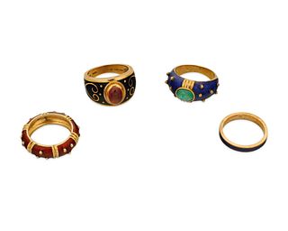 Four gold and enamel rings