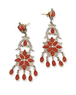 A pair of Indian coral and diamond ear pendants