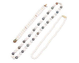 Three cultured pearl jewelry items including Mikimoto