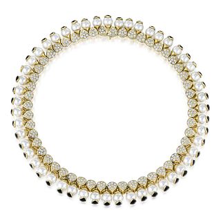 Pearl Diamond and Onyx Gold Necklace