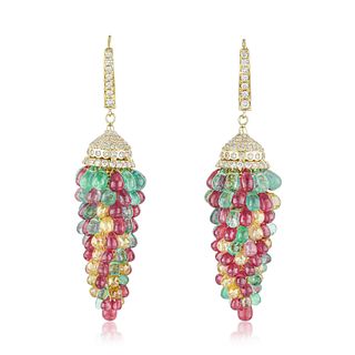 Diamond Ruby Emerald and Yellow Diamond Drop Earrings