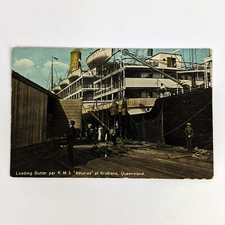 Coloured Shell Series Postcard: Loading Butter per R. M. S. Asturias at Brisbane, Queensland