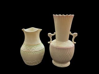 Pair Of Green And Pink Embossed Belleek Porcelain Vases