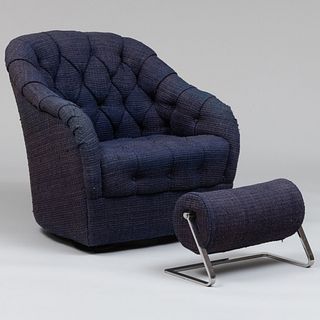 Ward Bennett for Brickel Associates Tufted Blue Wool Upholstered Swivel Chair and Upholstered Chrome Stool
