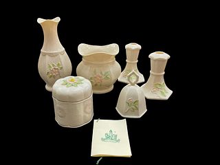 7 Belleek  Wild Irish Rose Motif Porcelains and Bonbonniere  Jar