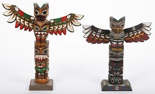 ERIC WILLIAMS NORTHWEST COAST NATIVE AMERICAN CARVED TOTEM POLES, LOT OF TWO