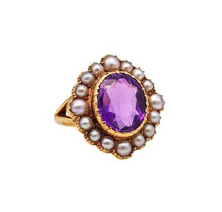 Victorian Ring In 18K Gold With 3.82 Cts Amethyst & Pearls