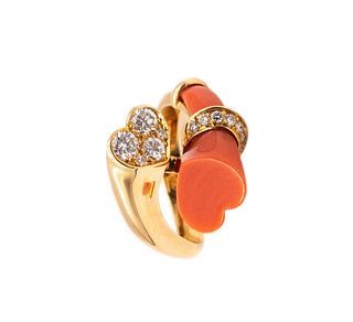 French Toi Et Moi Ring In 18K Gold With VVS Diamonds & Coral