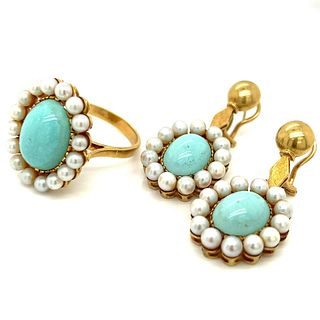 18K Gold Turquoise & Pearl Ring and Earring Set