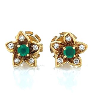 18K Yellow Gold Emerald & Diamond Flower Earrings