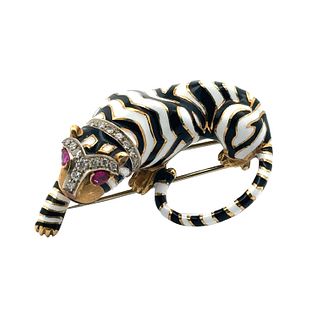 18K Yellow Gold Tiger Brooch with Diamonds