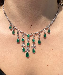 11.80 Ctw In Emeralds & Diamonds 14k Gold Necklace