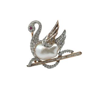 Diamond & Pearl Swan Pin Brooch in 18k Gold