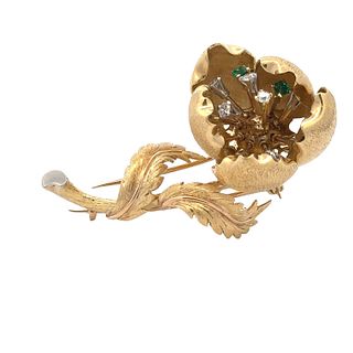 18k Gold Flower Pin Brooch with Diamonds & Emeralds