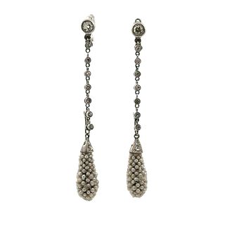 Platinum Drop Earrings with Diamonds & Micro Pearls