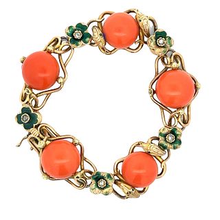 18k Gold antique Bracelet with Corals & Diamonds