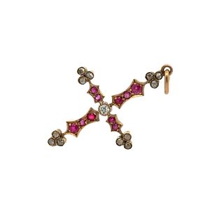 Victorian14k Gold Cross Pendant with Diamonds & Rubies