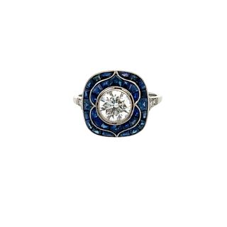Deco Platinum Ring with 1.15 Cts Diamond & Sapphires
