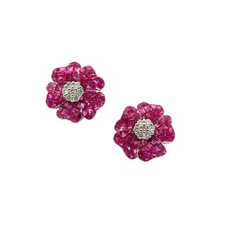 18k Gold Flower Earrings with Diamonds & synthetic Rubies