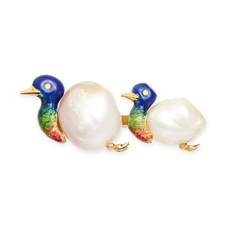 A VINTAGE ENAMEL AND PEARL DUCK BROOCH in yellow gold, designed as two swimming ducks, each set w...