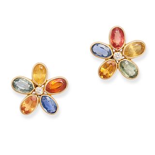 A PAIR OF MULTICOLOURED SAPPHIRE AND DIAMOND FLOWER EARRINGS in 18ct yellow gold, each set with a...