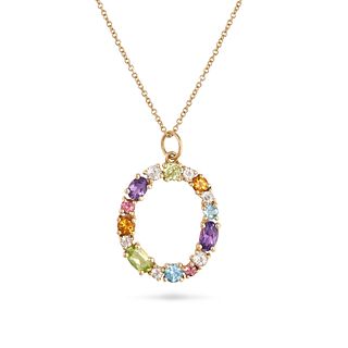 A GEMSET PENDANT NECKLACE in 18ct yellow gold, the pendant designed as an openwork oval set with ...