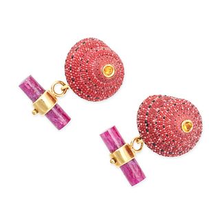 NO RESERVE - A PAIR OF SHELL, RUBY AND CITRINE CUFFLINKS in 18ct yellow gold, each comprising a s...