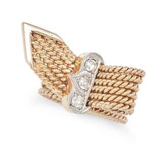 A VINTAGE DIAMOND BELT RING in 18ct yellow gold, designed as a belt made of twisted ropework, the...