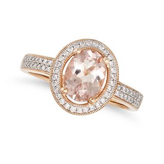 A MORGANITE AND DIAMOND CLUSTER RING in 18ct white and rose gold, set with an oval cut morganite ...