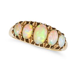 AN ANTIQUE OPAL FIVE STONE RING in 18ct yellow gold, set with a row of graduated oval cabochon op...