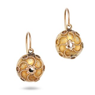 A PAIR OF ANTIQUE GOLD DROP EARRINGS in 14ct yellow golf, the domed faces decorated with twisted ...