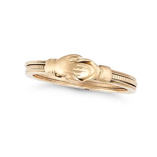 A GOLD GIMMEL RING in 14ct yellow gold, comprising three bands conjoined to form a pair of claspe...