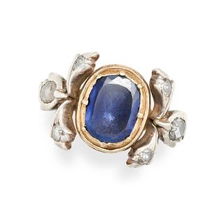 AN ANTIQUE SAPPHIRE AND DIAMOND RING in 9ct yellow gold and silver, comprising a cushion cut sapp...