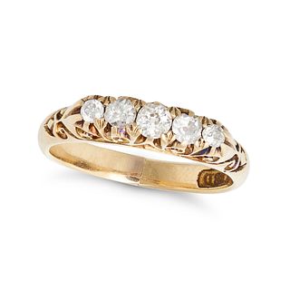 AN ANTIQUE FIVE STONE DIAMOND RING in 18ct yellow gold, comprising a row of five graduated old cu...