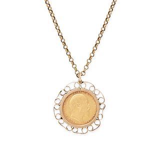 AN EDWARD VII SOVEREIGN PENDANT NECKLACE in 9ct yellow gold, set with an Edward VII sovereign, 19...