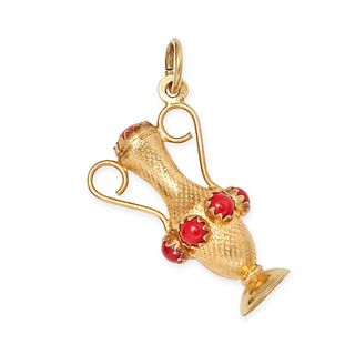 A VINTAGE CORAL URN PENDANT in 18ct yellow gold designed as am urn set with polished coral, stamp...