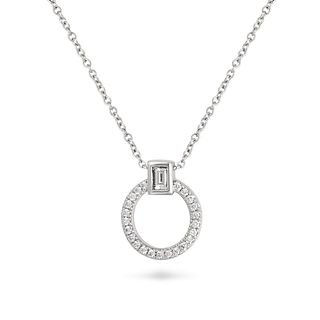 A DIAMOND PENDANT NECKLACE in 18ct white gold, the pendant designed as an openwork circle set wit...
