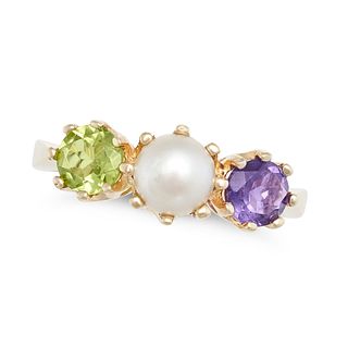 A PEARL, PERIDOT AND AMETHYST THREE STONE RING in 9ct yellow gold, set with a pearl, round cut pe...
