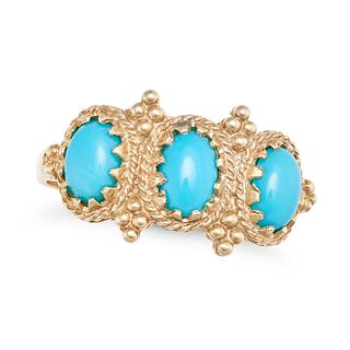 A TURQUOISE THREE STONE RING in 9ct yellow gold, set with three oval cabochon turquoise accented ...