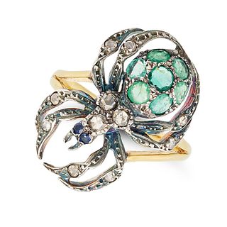 AN EMERALD, DIAMOND AND SAPPHIRE SPIDER BROOCH in yellow gold, designed as a spider set with roun...