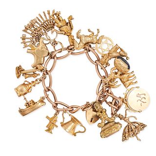 A CHARM BRACELET in 9ct and 18ct yellow gold, suspending seventeen various charms including a bal...