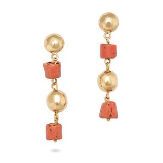 A PAIR OF CORAL DROP EARRINGS in yellow gold, each comprising alternating textured spheres and pi...