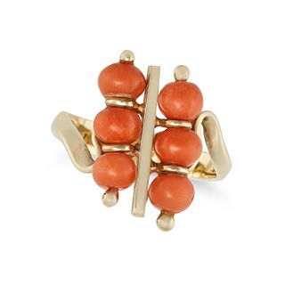 A VINTAGE CORAL RING in 14ct yellow gold, set with two rows of polished coral beads,Â stamped 585,...